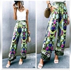 Zara Multi Color Floral Print Satin Effect Flowy Wide Leg Palazzo Pants Sz XL